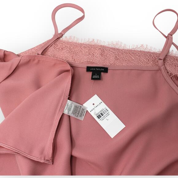 Large NEW AnnTaylor Lace Trim Square Neck Tank Camisole Mauve Blush Satin - Picture 8 of 9